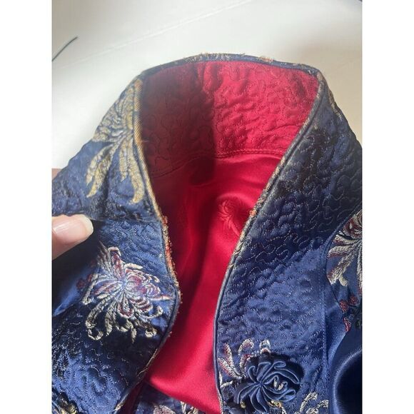 Vintage Chinese Embroidered Flowers Blue Red Reversible Short Jacket Robe L.  Ff - Picture 4 of 5